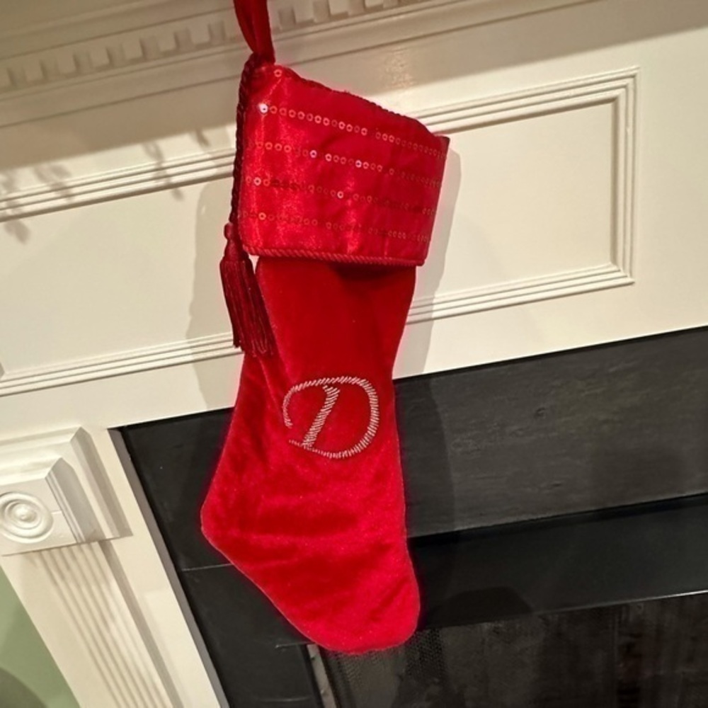 MONOGRAMMED Gold BLING D RED VELVET CHRISTMAS STOCKING